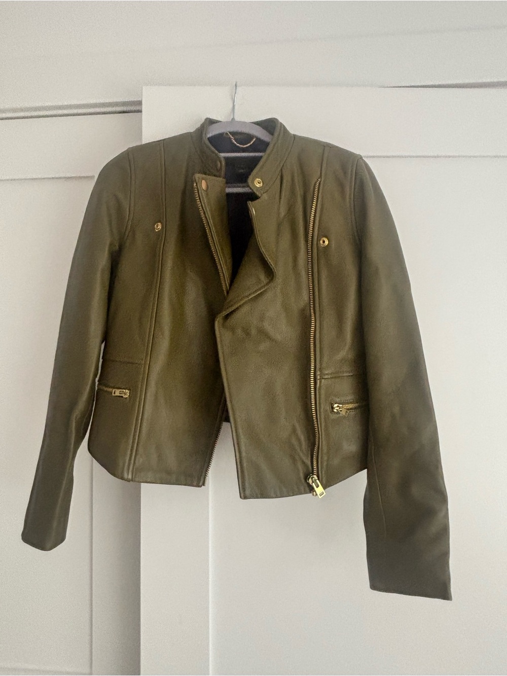 J. Crew Olive Leather Asymmetric Zip Jacket